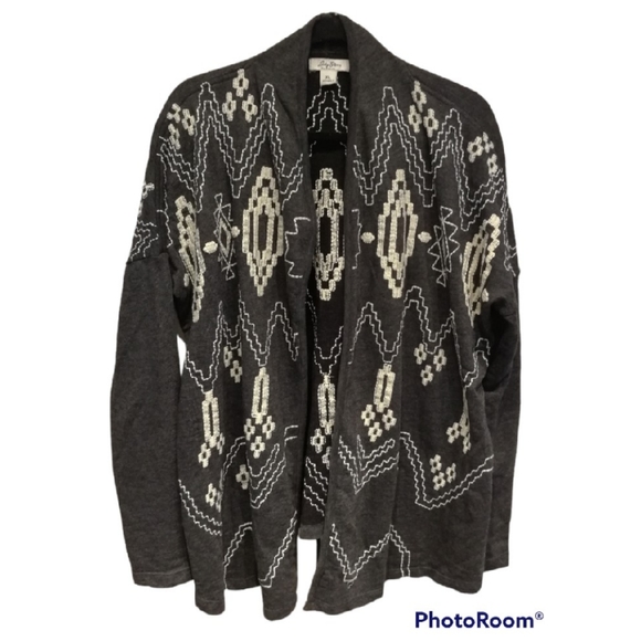 LUCKY BLISS Lucky Brand Grey Waterfall Aztec Cardigan Southwestern Boho XL - Picture 2 of 8